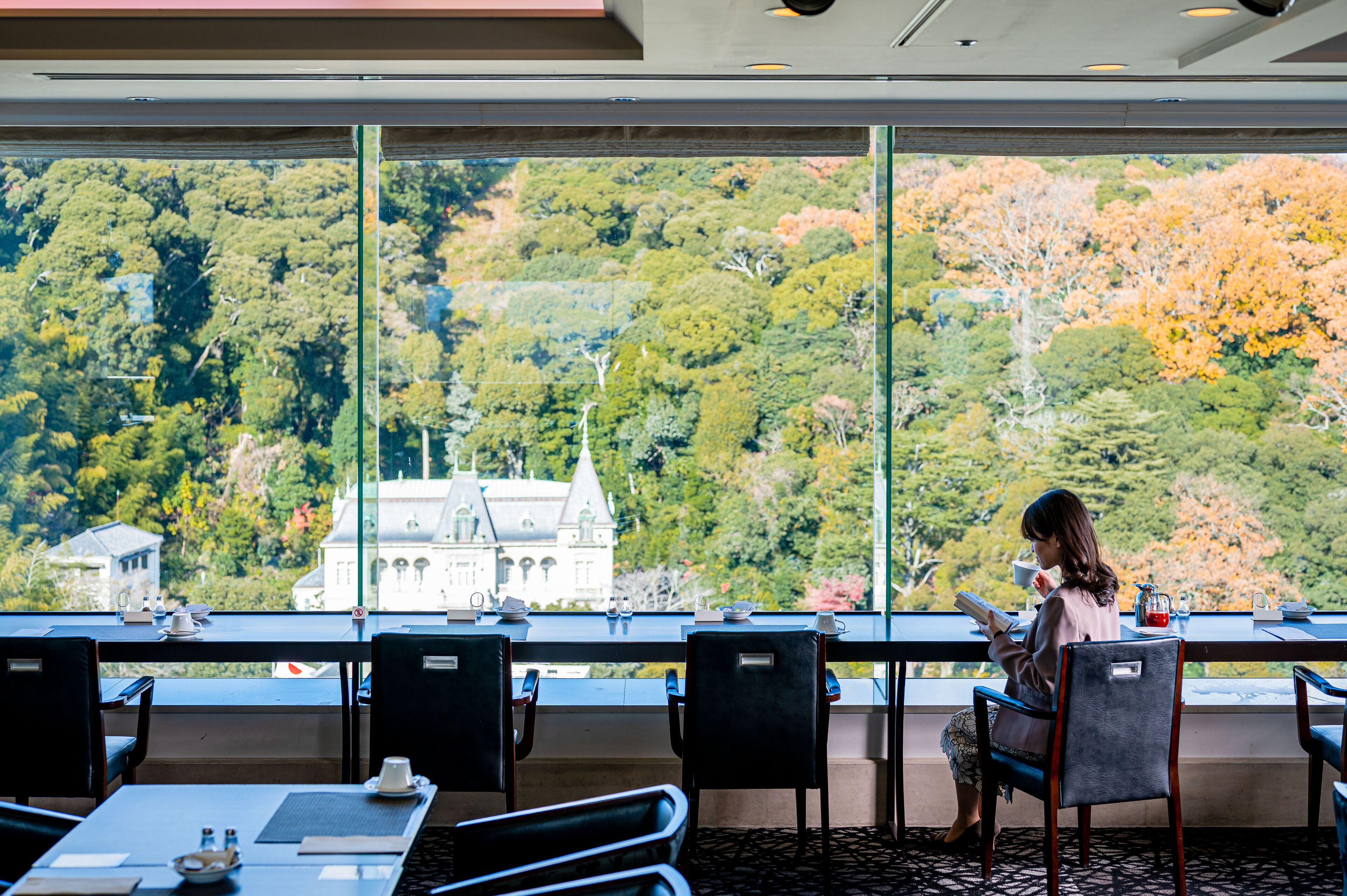 Un comedor con mesas y sillas, vista a una colina boscosa y un edificio a lo lejos.
