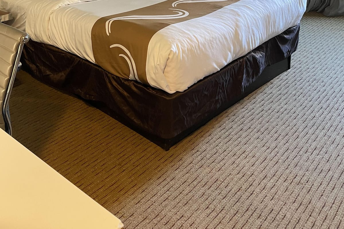 Desk, laptop workspace, blackout curtains, iron/ironing board