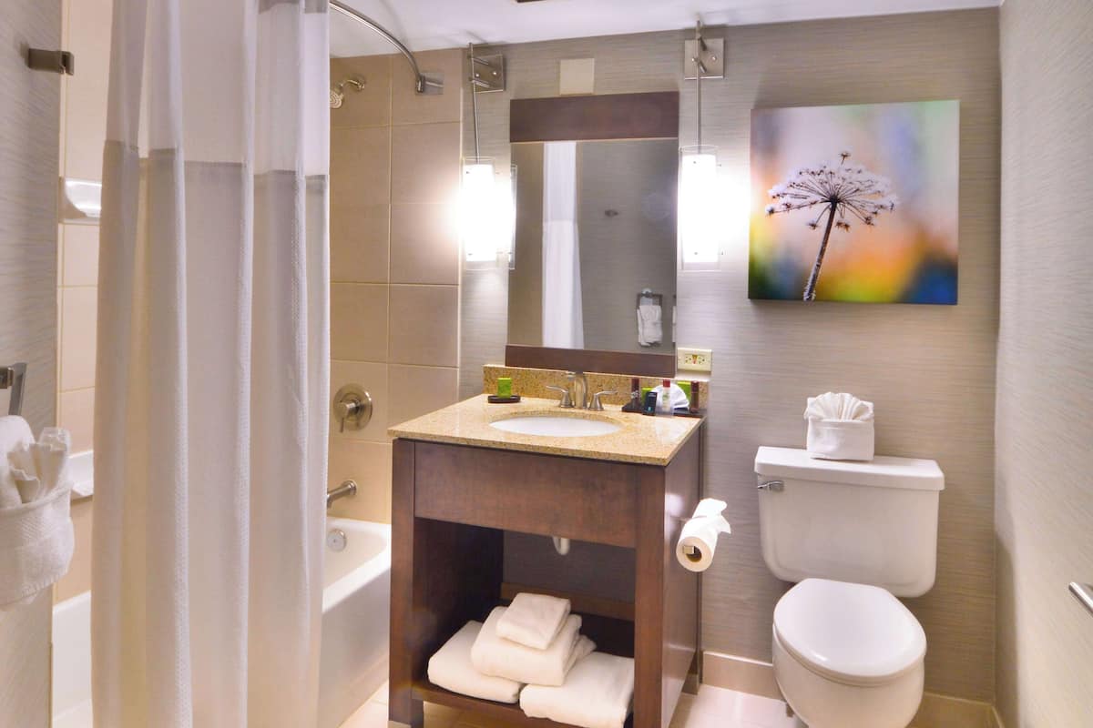 suite, 1 king bed, corner | bathroom | combined shower/bathtub, designer toiletries, hair dryer, towels