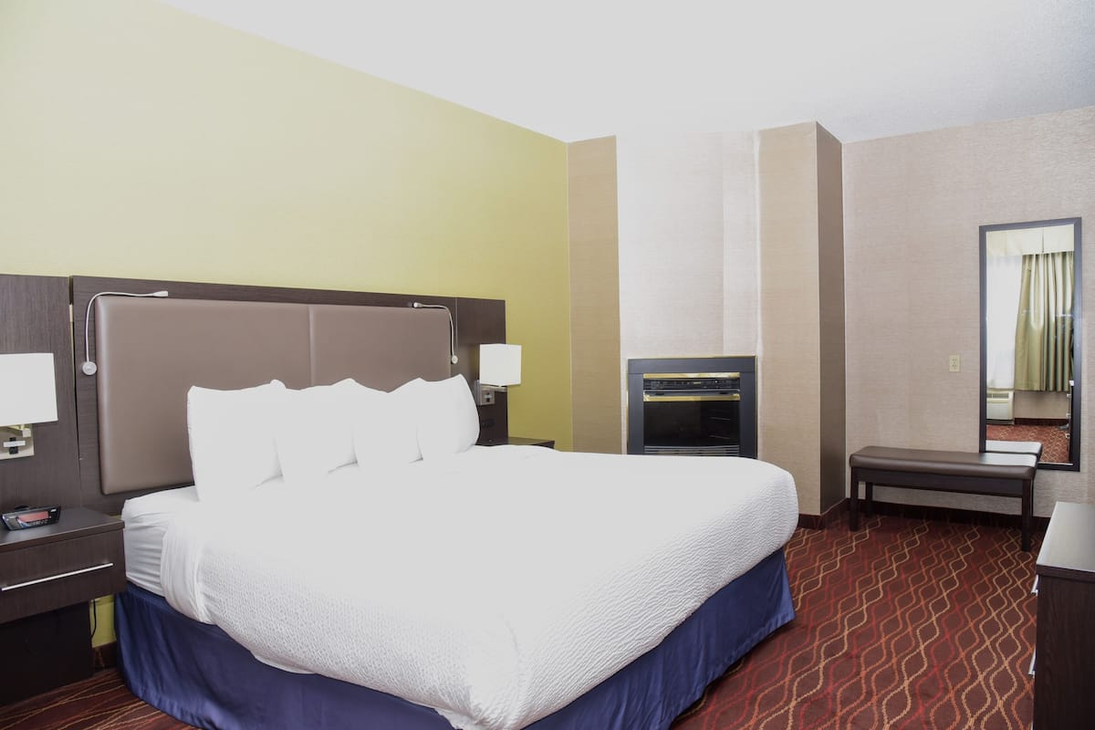 A hotel room with a large bed, a desk, a chair, a TV, and a mirror.