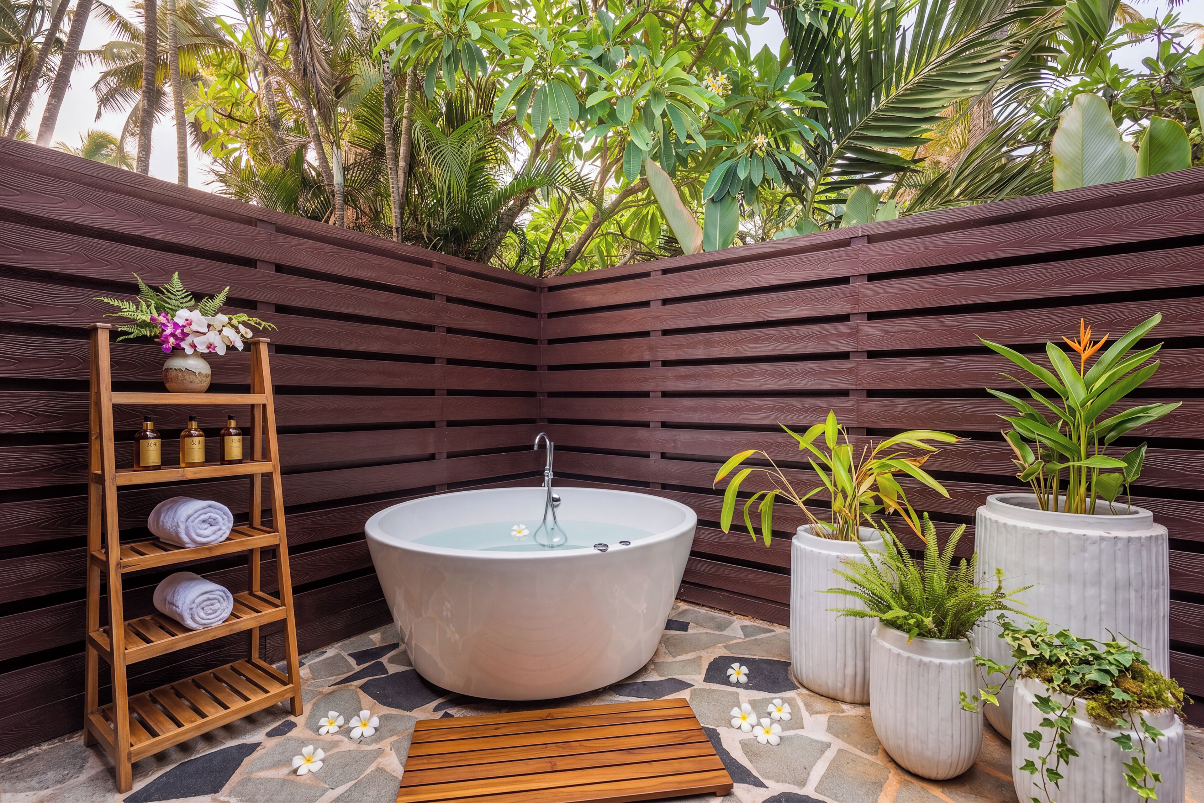 A spa area with a freestanding bathtub, wooden shelves with towels and bottles, and potted plants.