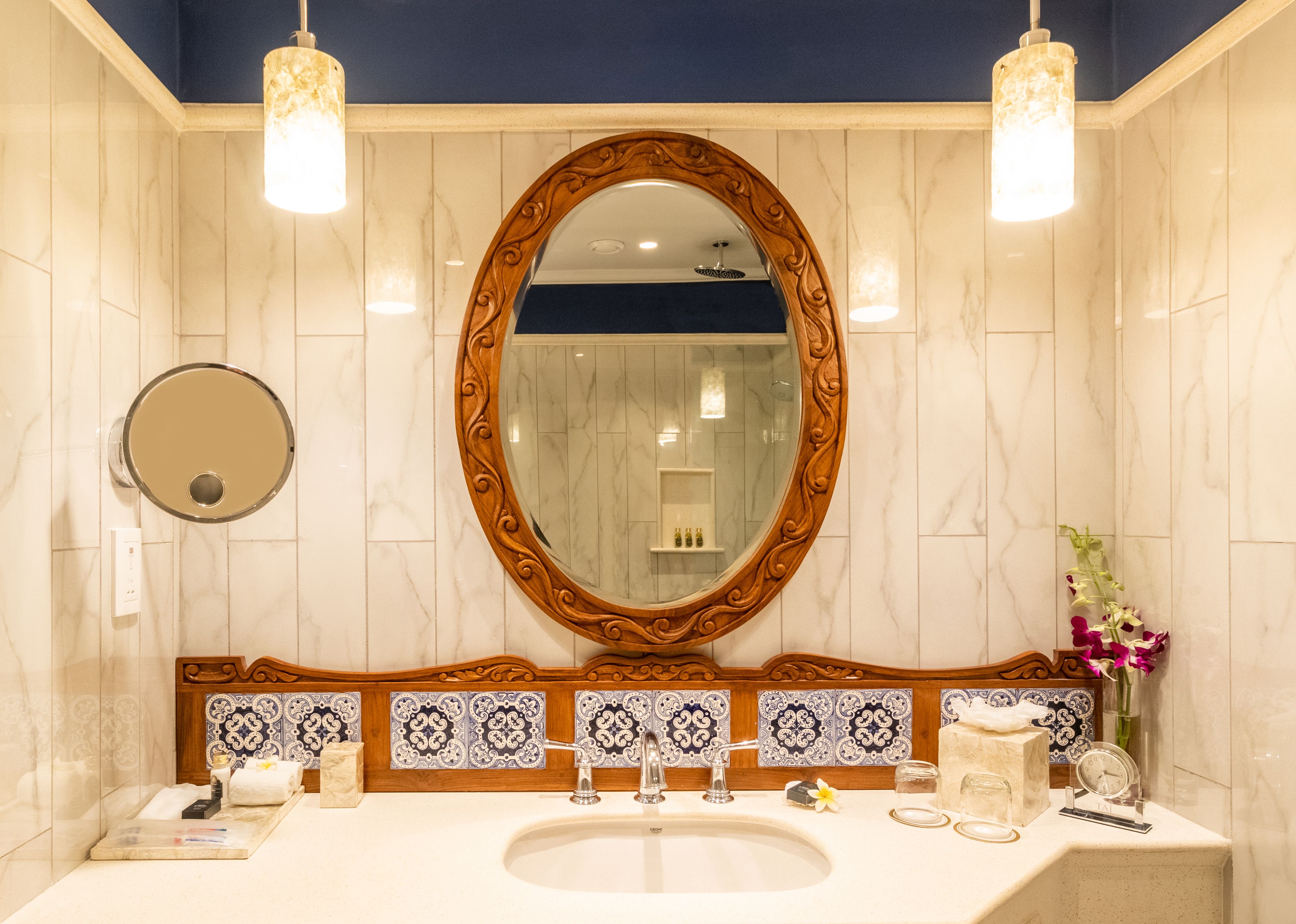 separate bathtub and shower, designer toiletries, hair dryer, bathrobes