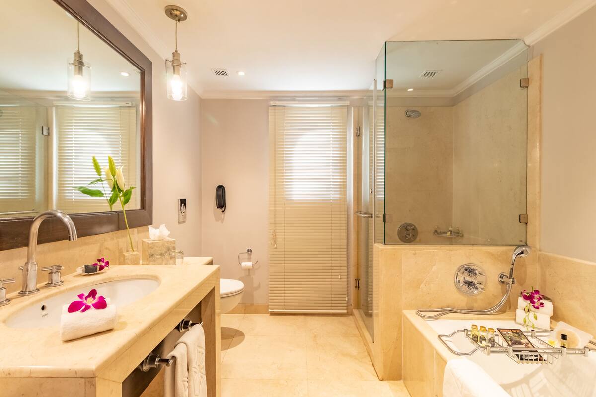 separate bathtub and shower, designer toiletries, hair dryer, bathrobes