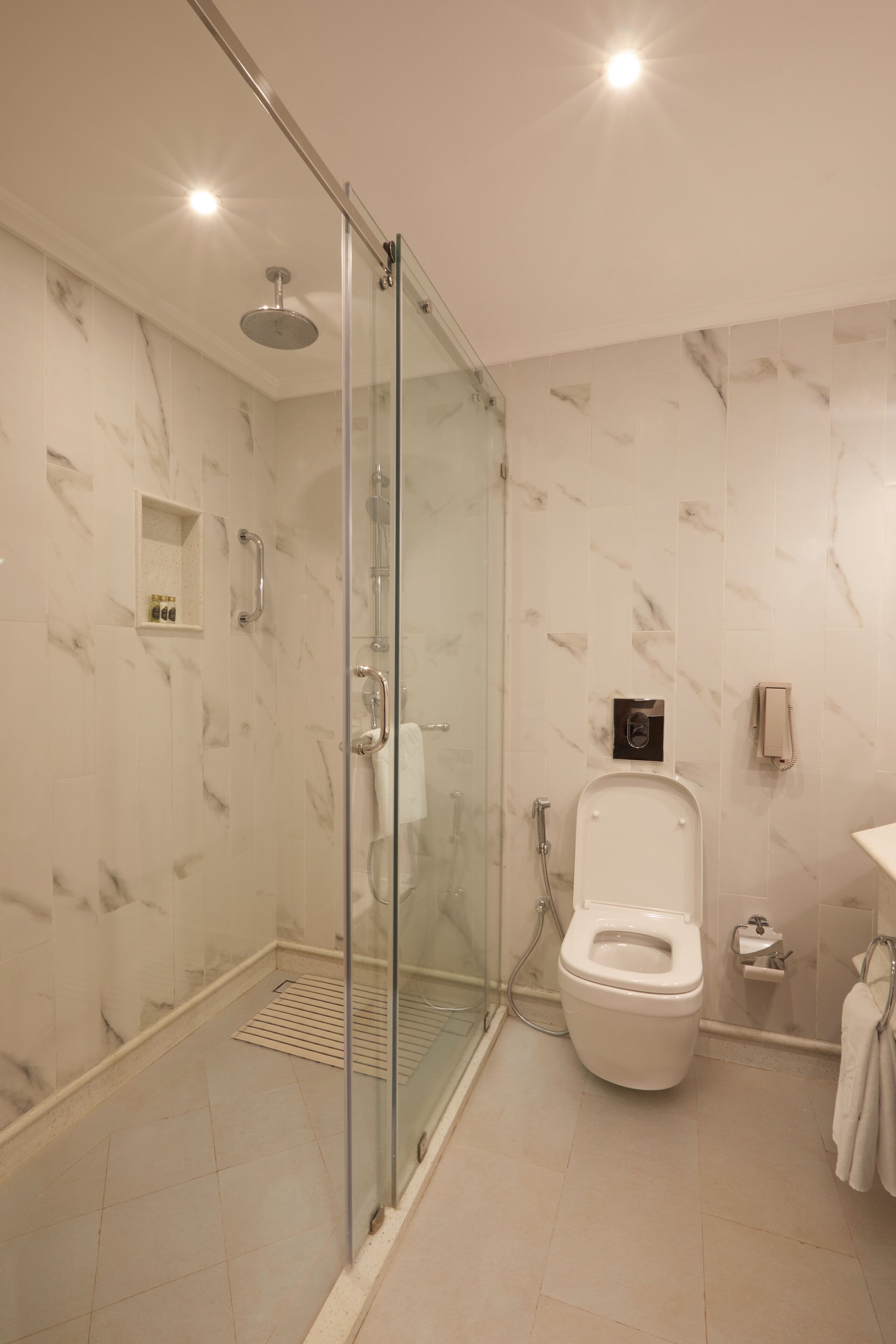 A modern bathroom with a glass-enclosed shower, a toilet, and a sink.