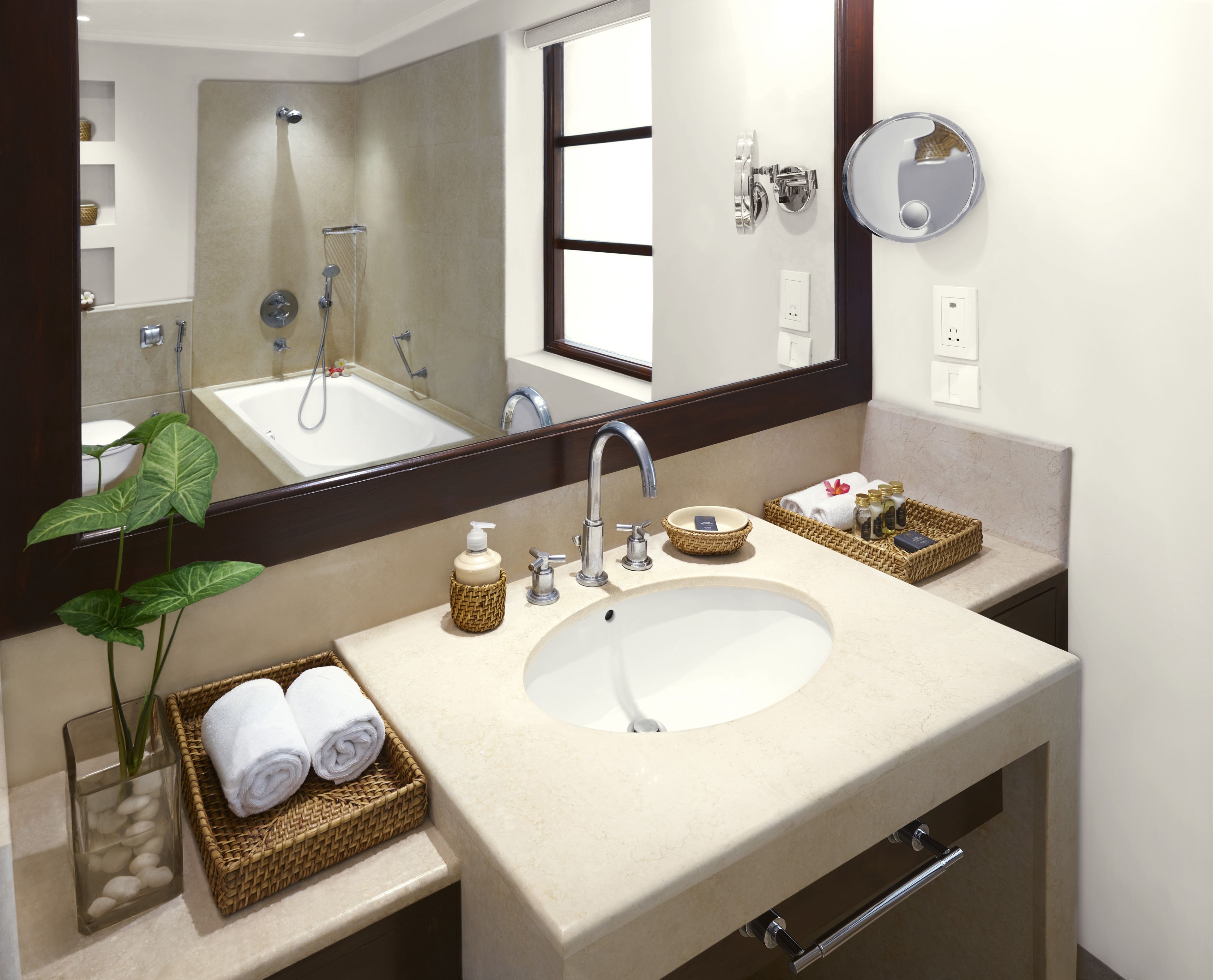 separate bathtub and shower, designer toiletries, hair dryer, bathrobes