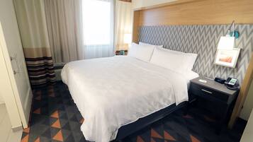 Desk, laptop workspace, blackout curtains, iron/ironing board