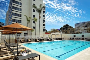 Outdoor pool, open 10:00 AM to 10:00 PM, pool umbrellas, pool loungers