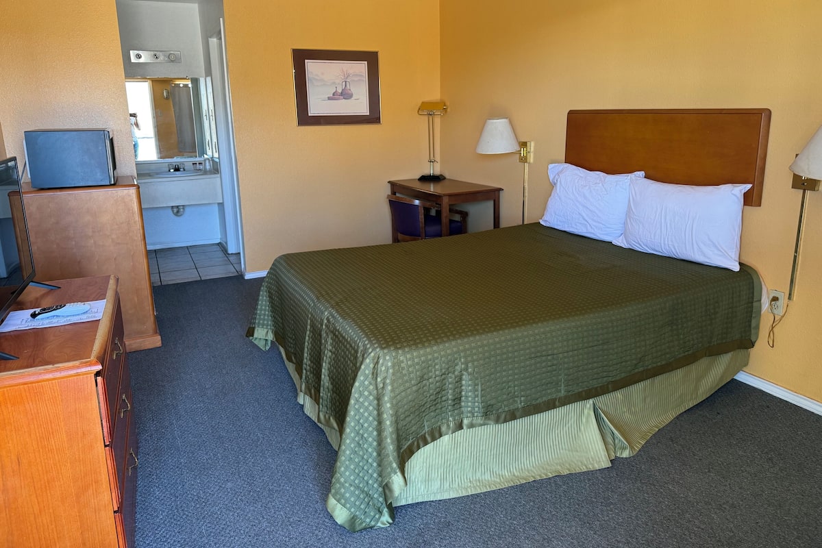 A hotel room with a bed, a desk, a chair, a television, a lamp, and a picture on the wall.