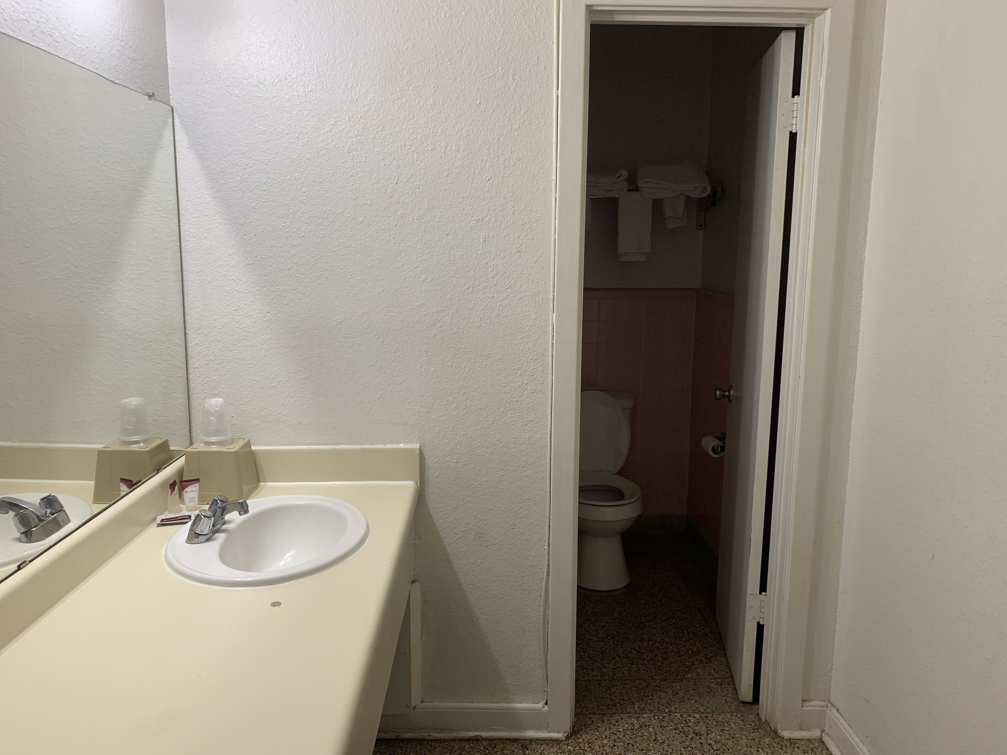 A bathroom with a sink, mirror, and toilet.