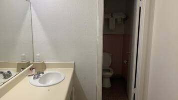 A bathroom with a sink, mirror, and toilet.