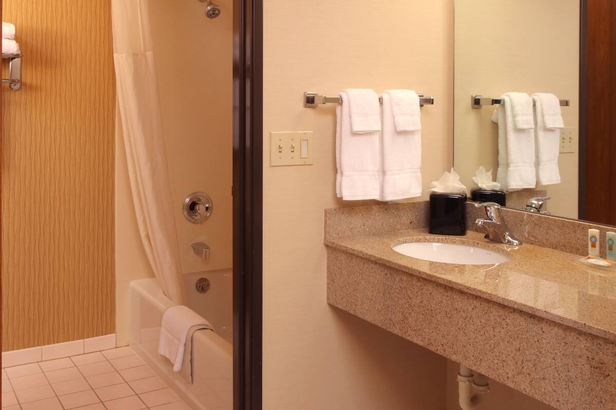 eco-friendly toiletries, hair dryer, towels, soap