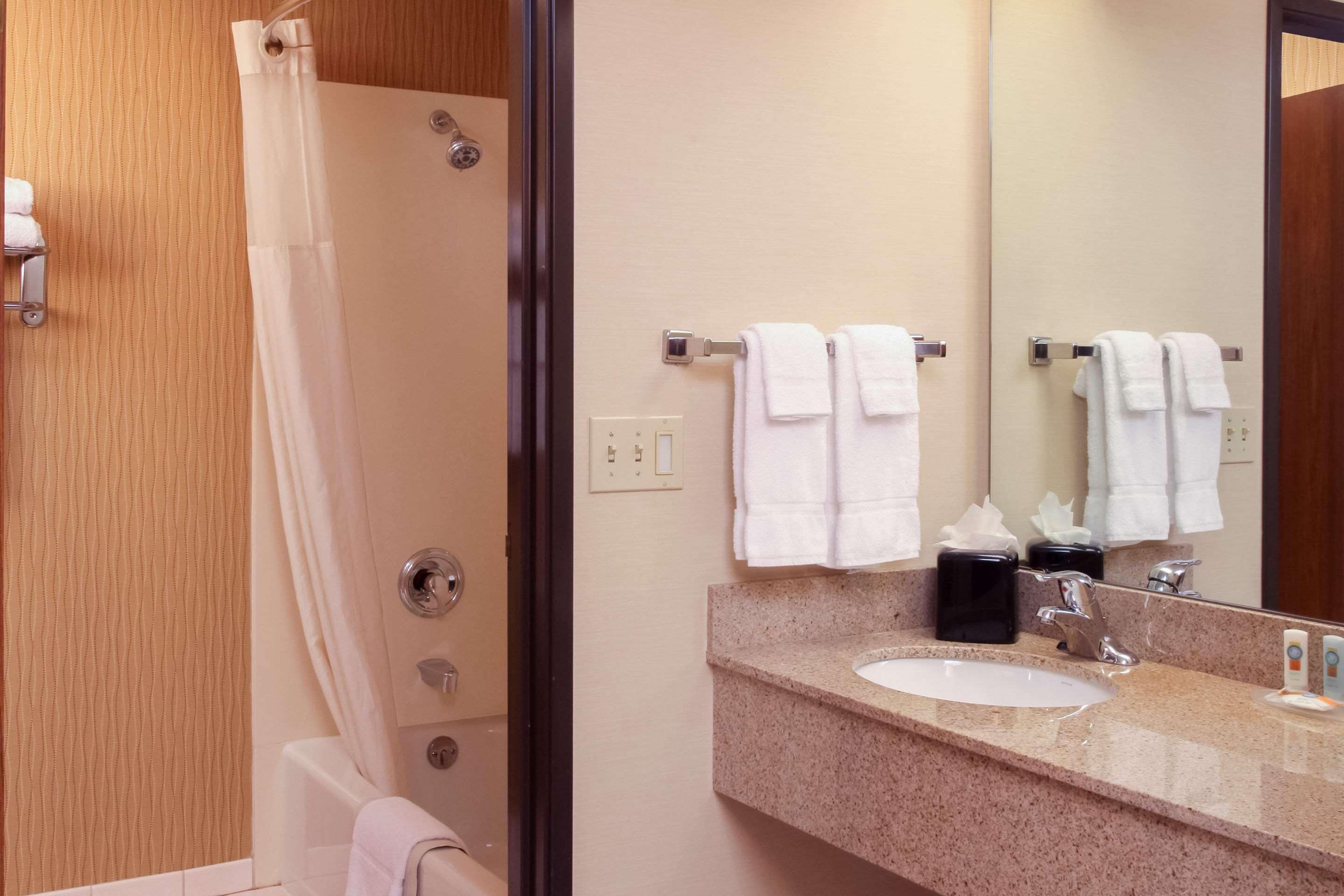 eco-friendly toiletries, hair dryer, towels, soap