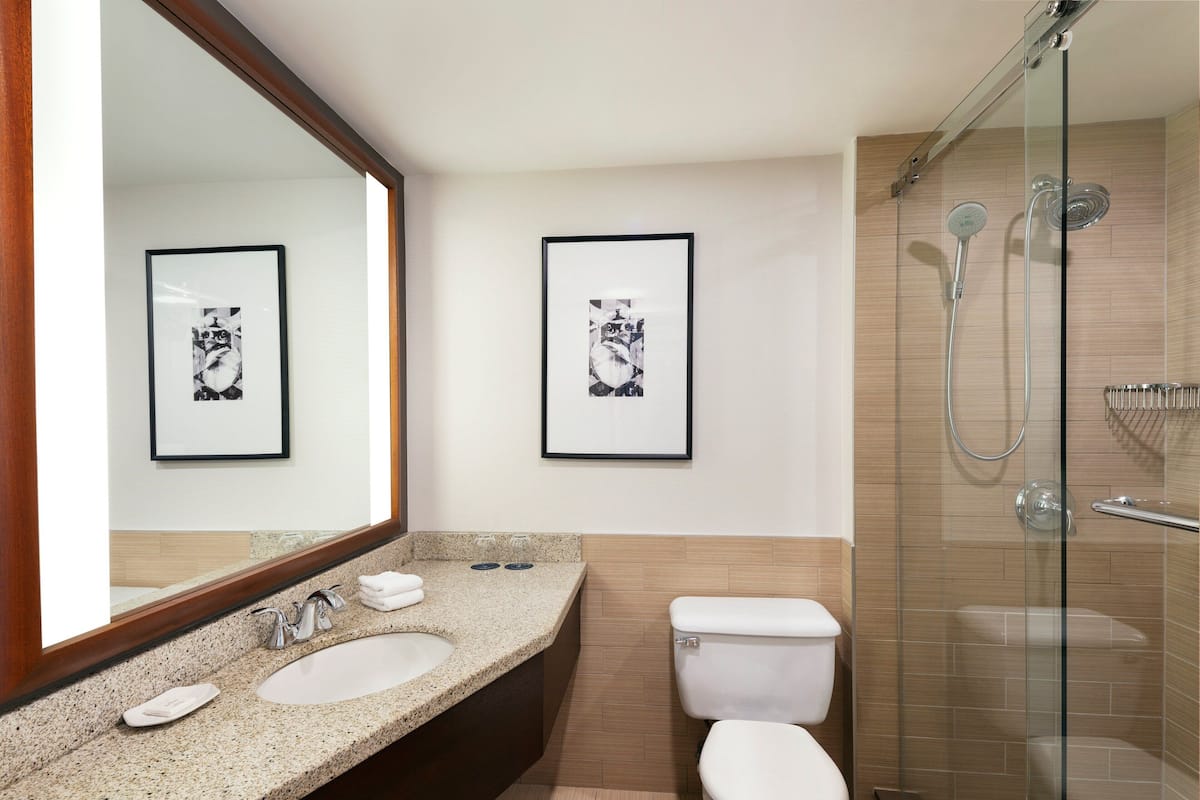 combined shower/bathtub, deep-soaking bathtub, designer toiletries