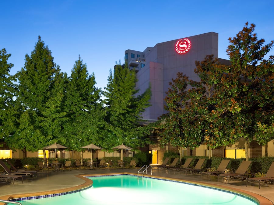 Una piscina al aire libre, sombrillas, sillones reclinables de piscina