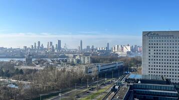 Paisagem urbana com um edifício em destaque identificado como 'Hogeschool Rotterdam' e uma vista distante do edifício Erasmus Universiteit.