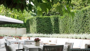 An outdoor patio with white tables and chairs, a wooden fence, and a green hedge wall.