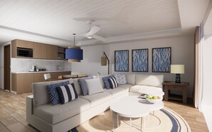 Preferred Club Bungalow Suite Ocean Front Swim Out King | Coin séjour | Télévision à écran plat de 45 pouces avec chaînes par satellite