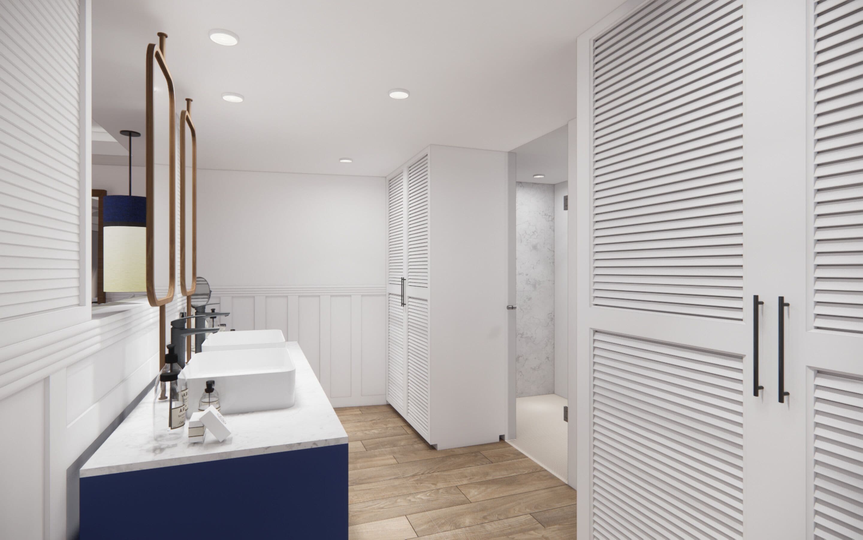 A modern bathroom with a white vanity, a mirror, and a blue accent wall.