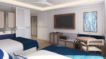 A hotel room with two beds, a TV, a seating area, and a large window.
