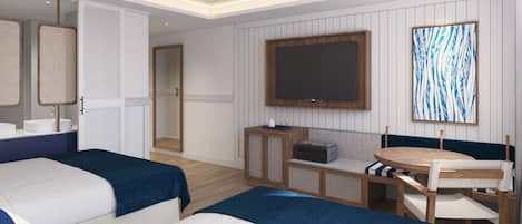 A hotel room with two beds, a TV, a seating area, and a large window.