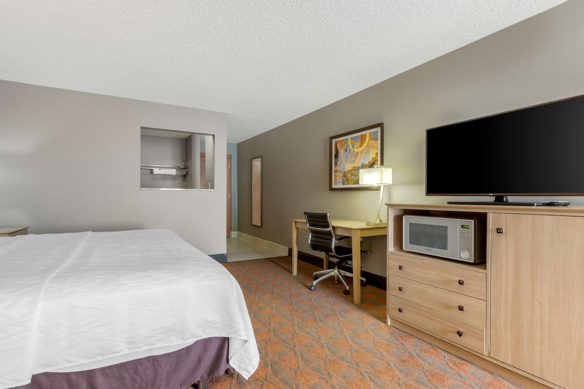 A hotel room with a bed, desk, chair, television, microwave, and a small cabinet.