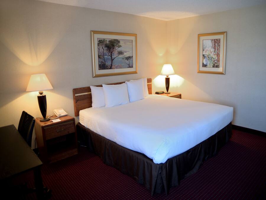 A hotel room with a large bed, two bedside lamps, a desk with a chair, and two framed pictures on the wall.