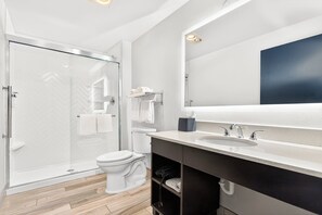 A modern bathroom with a glass shower enclosure, a toilet, a sink with a large mirror, and a dark vanity.