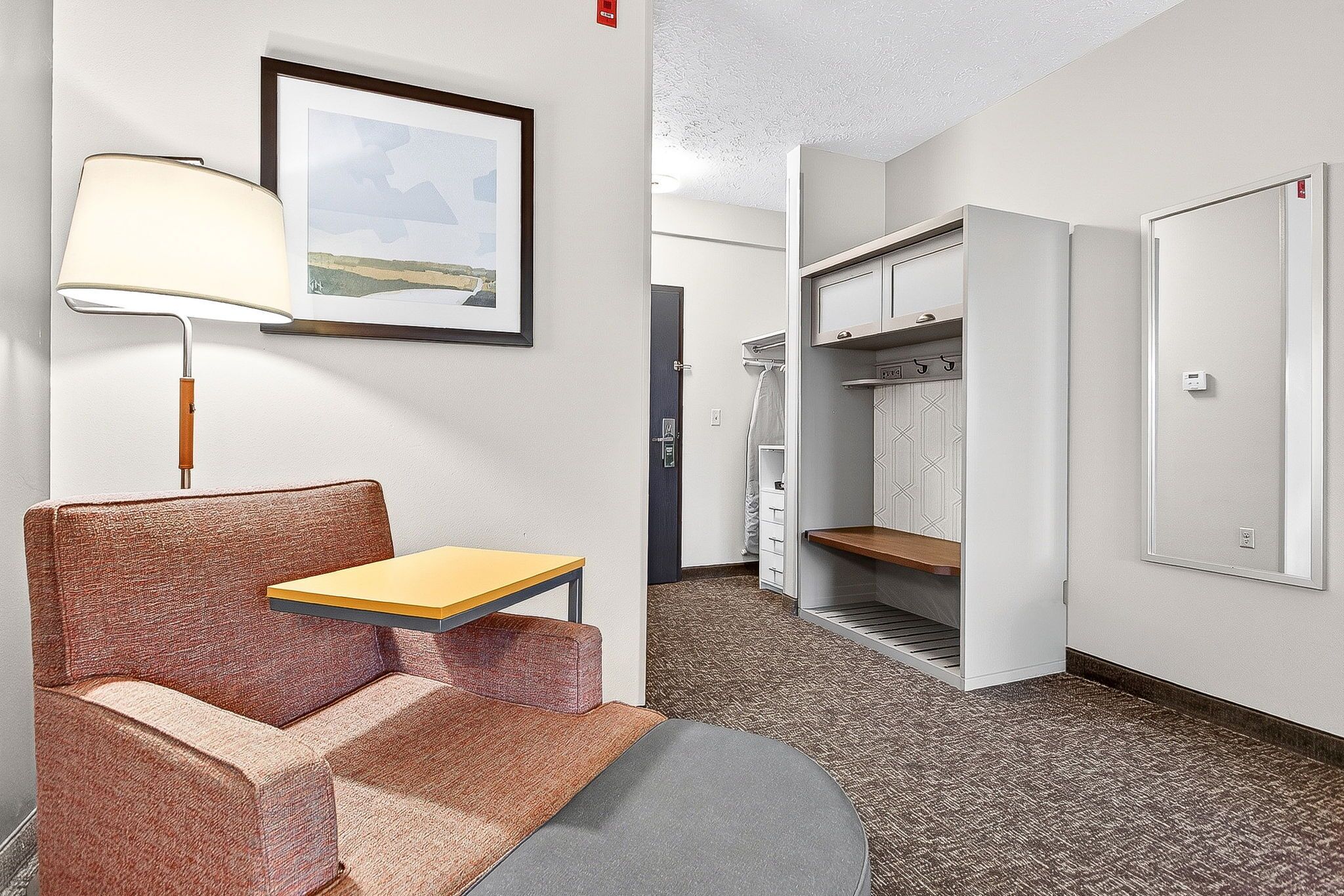 A hotel room with a sofa, a table, a lamp, a framed picture, a wardrobe, and a shower area.