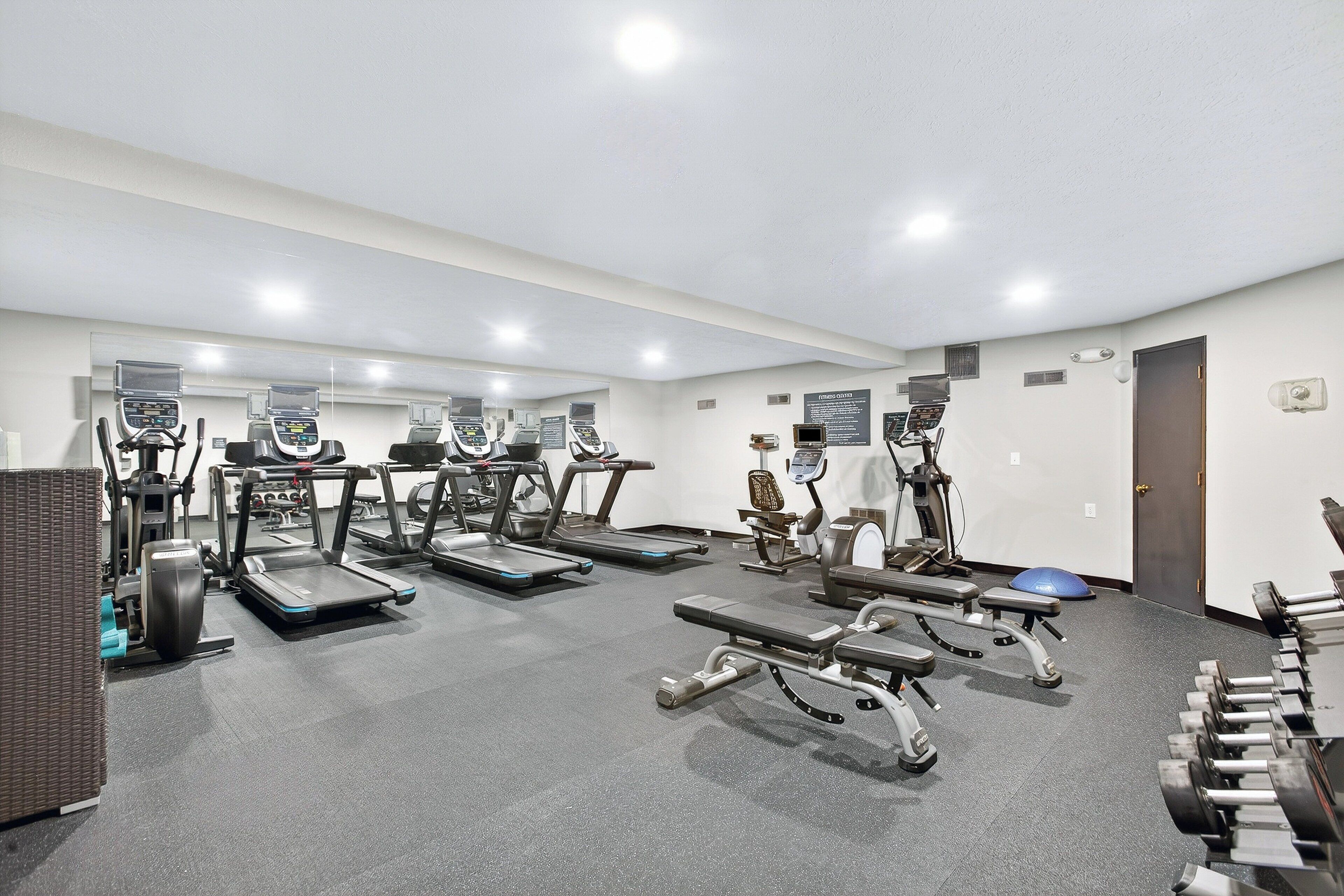 A gym with treadmills, elliptical machines, and free weights.