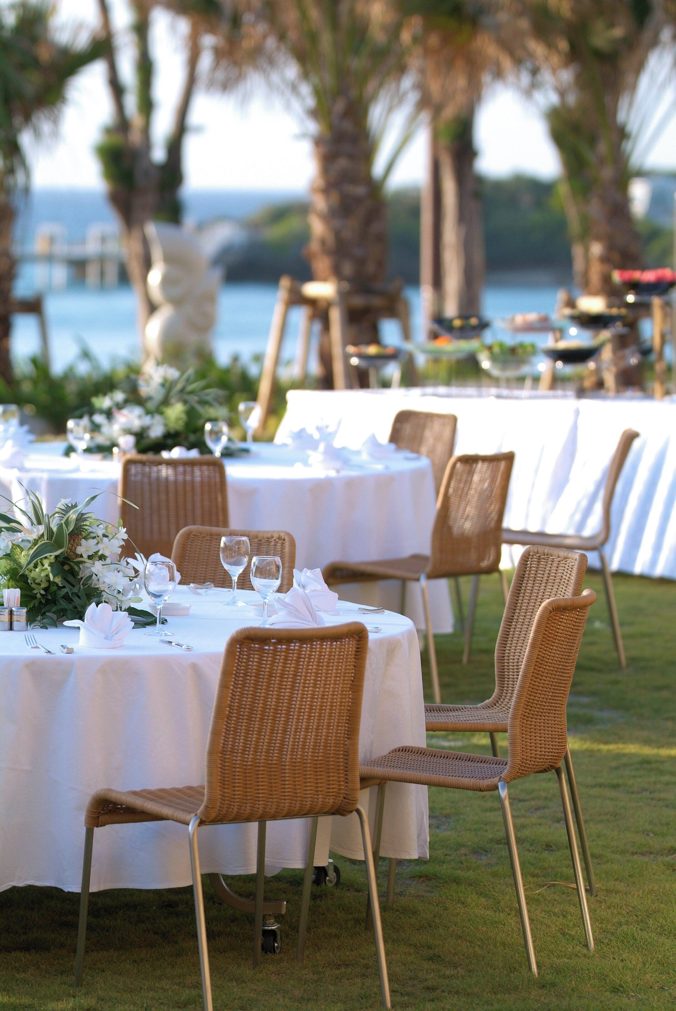 Outdoor dining tables with wicker chairs, white tablecloths, and glassware, set against a backdrop of palm trees and a body of water.