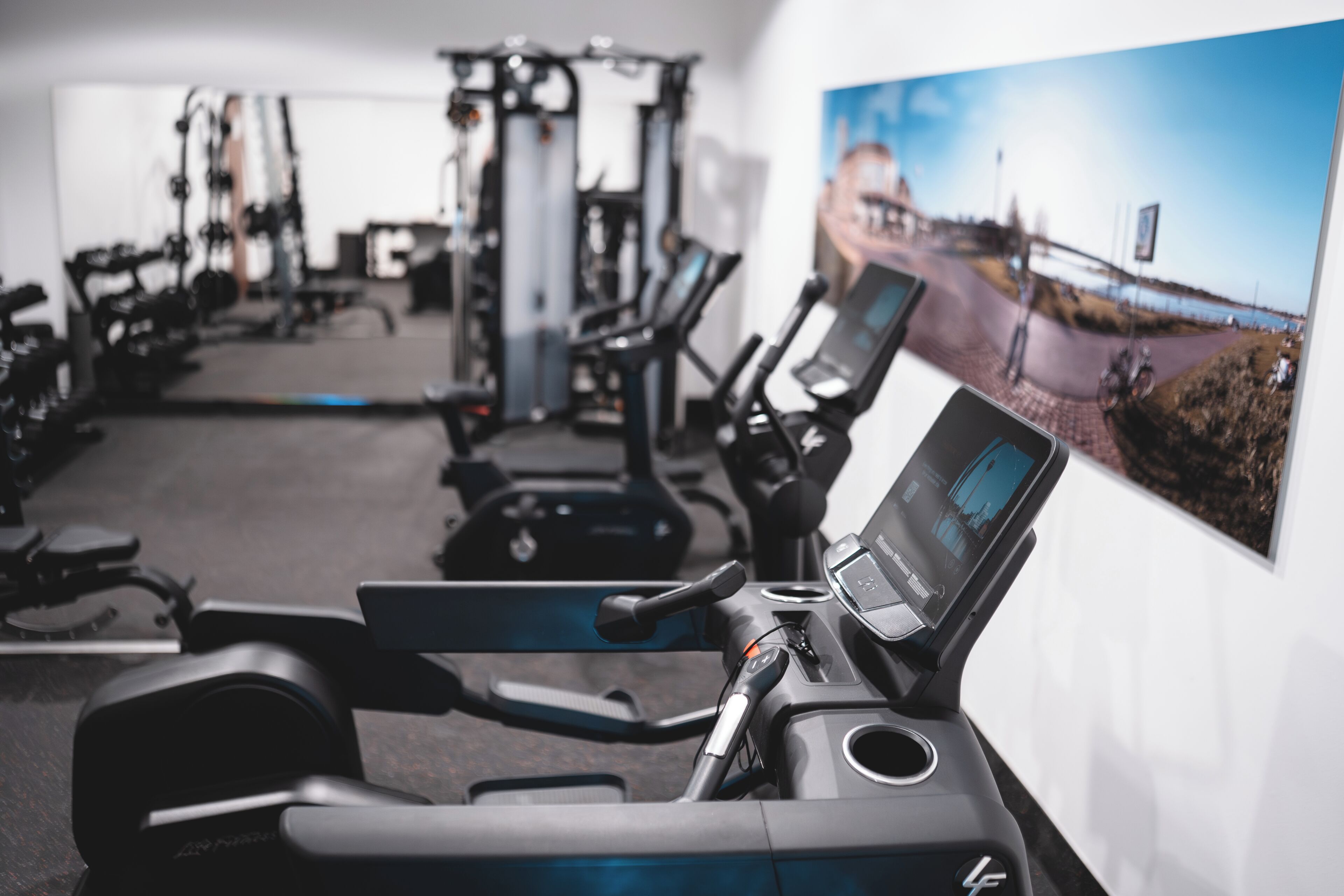 A gym with exercise equipment, a wall-mounted TV, and a poster of a scenic road.