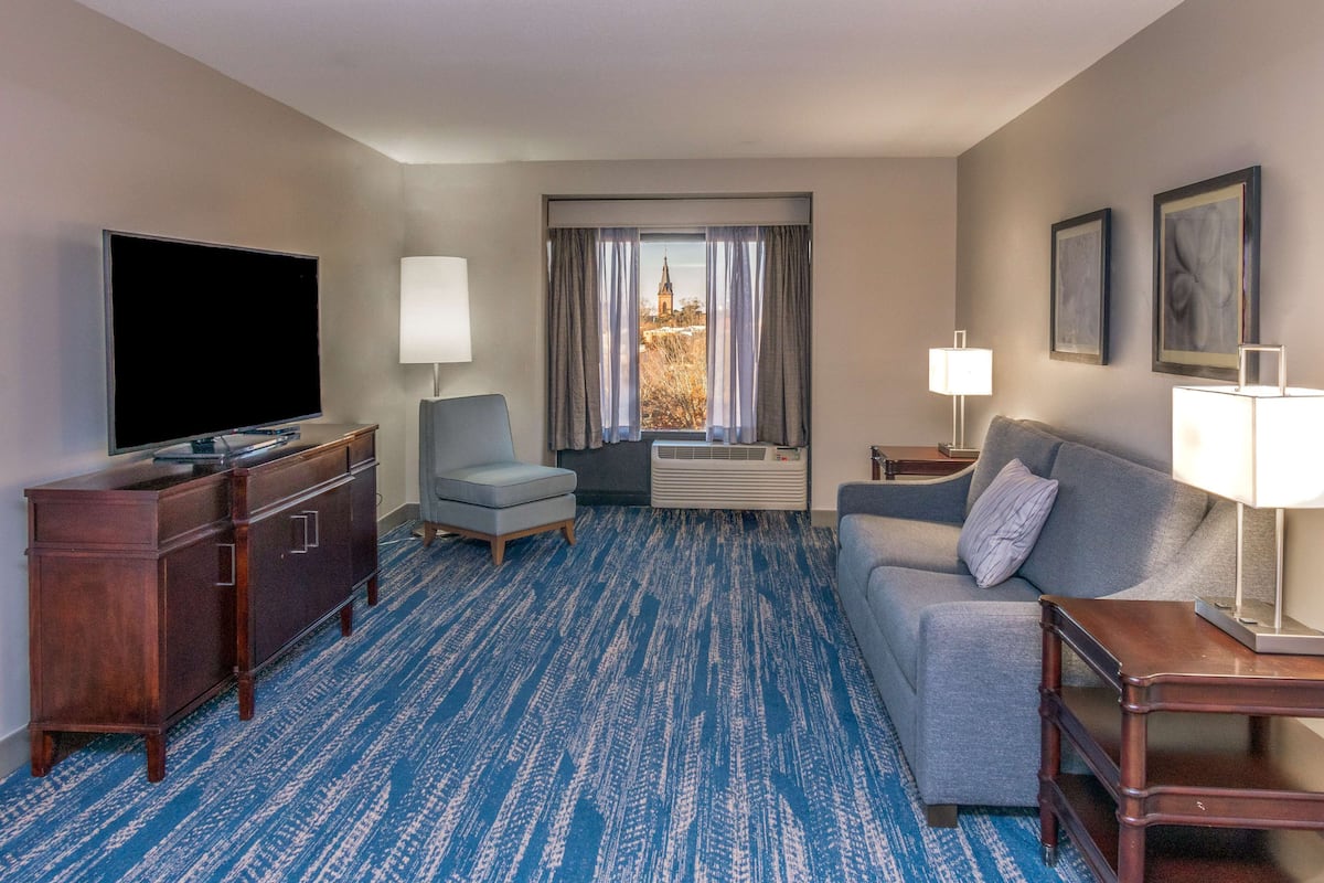 Habitación de hotel con televisor de pantalla plana, sofá, sillón, mueble de madera, lámpara y ventana grande con vista a un edificio.