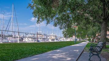 A park with a paved walkway, a bench, and a marina with boats in the background.