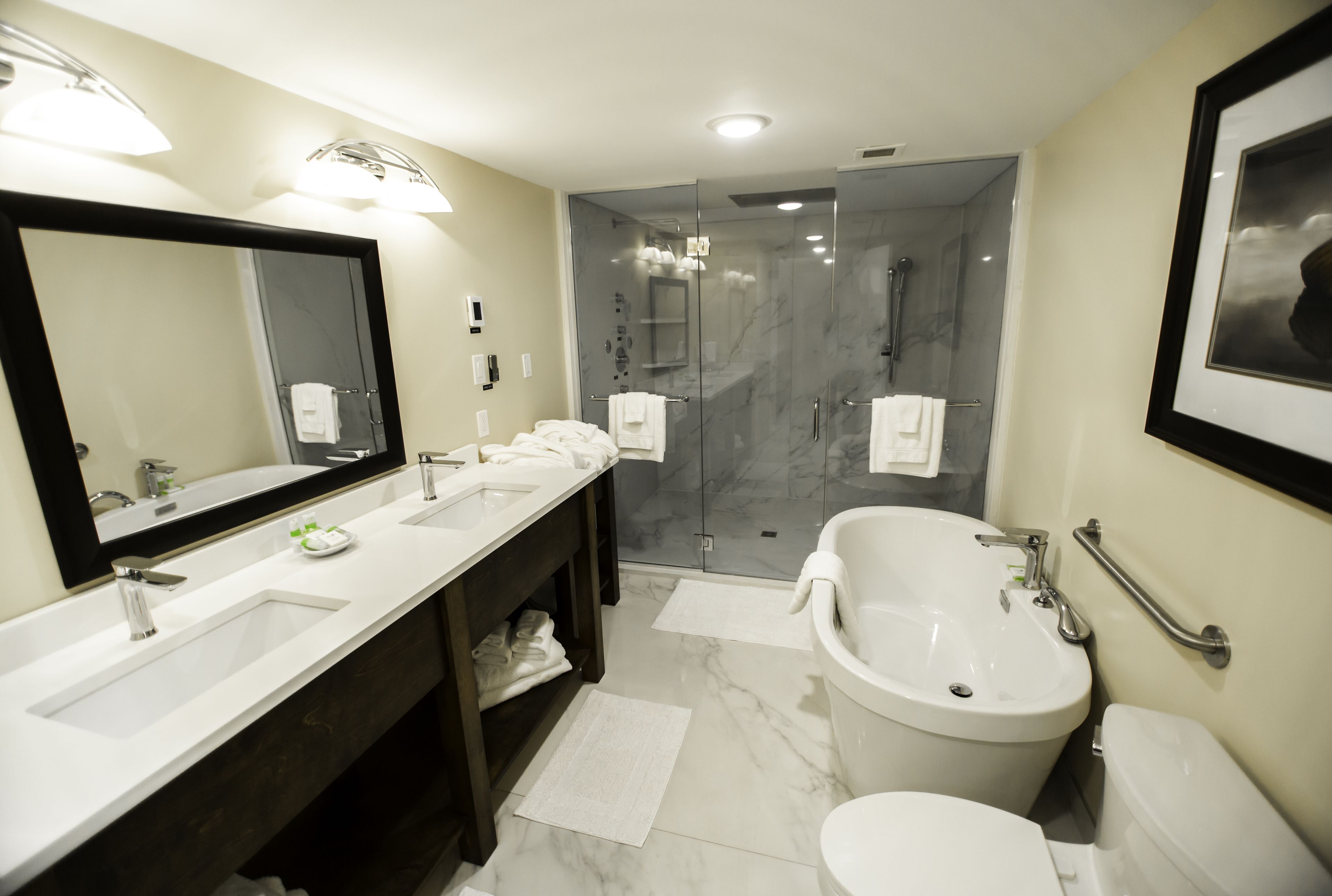 combined shower/bathtub, free toiletries, hair dryer, bathrobes