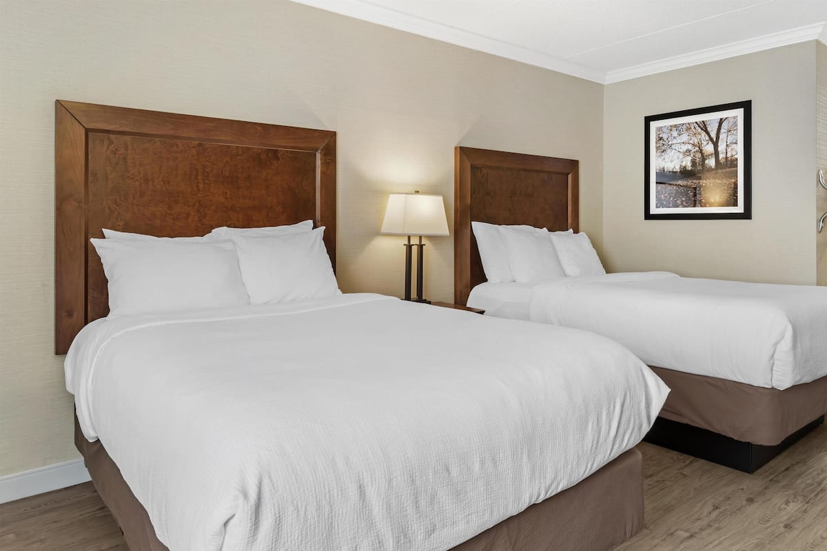Two single beds with wooden headboards, a bedside lamp, and a framed picture on the wall.