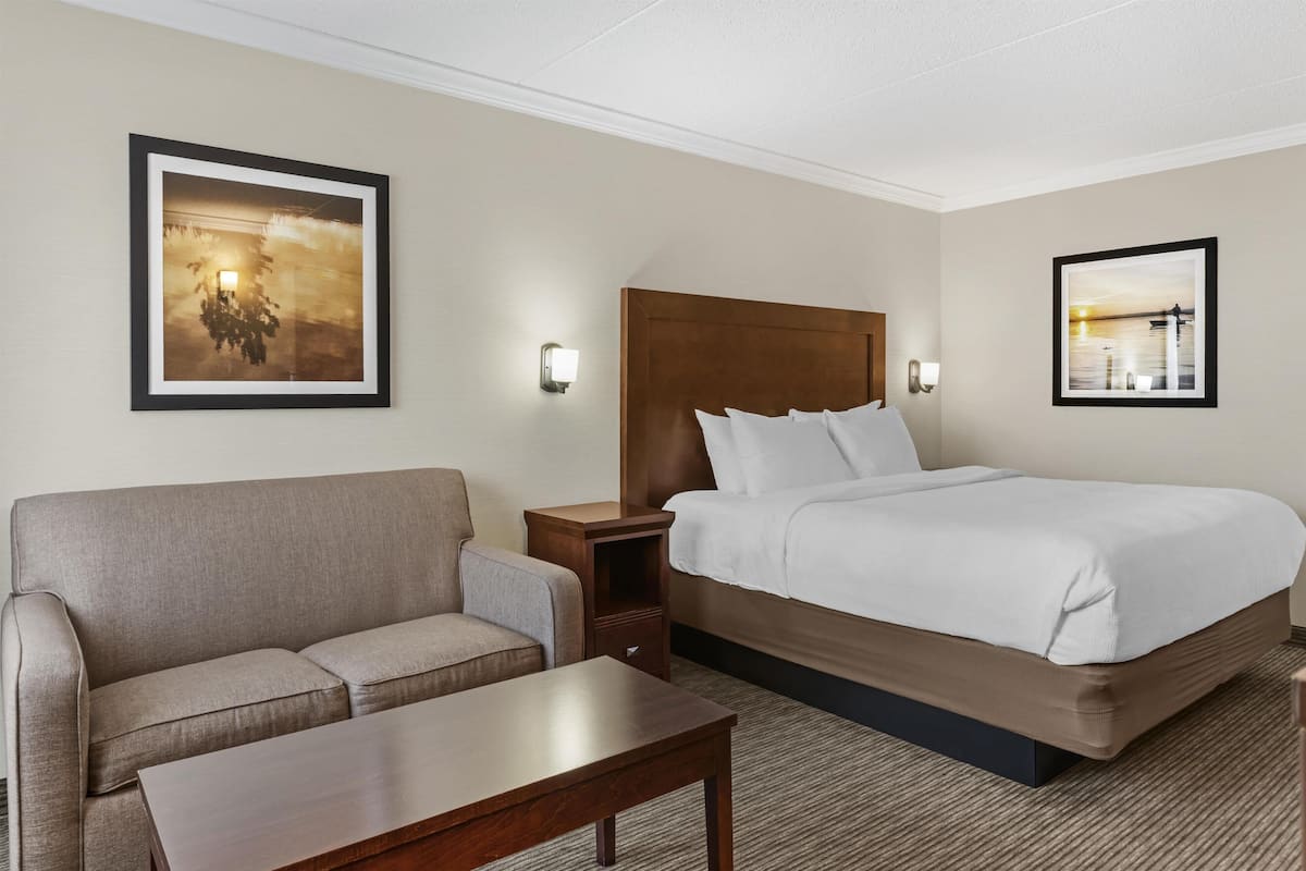 A hotel room with a bed, a sofa, a nightstand, and two wall-mounted lamps.