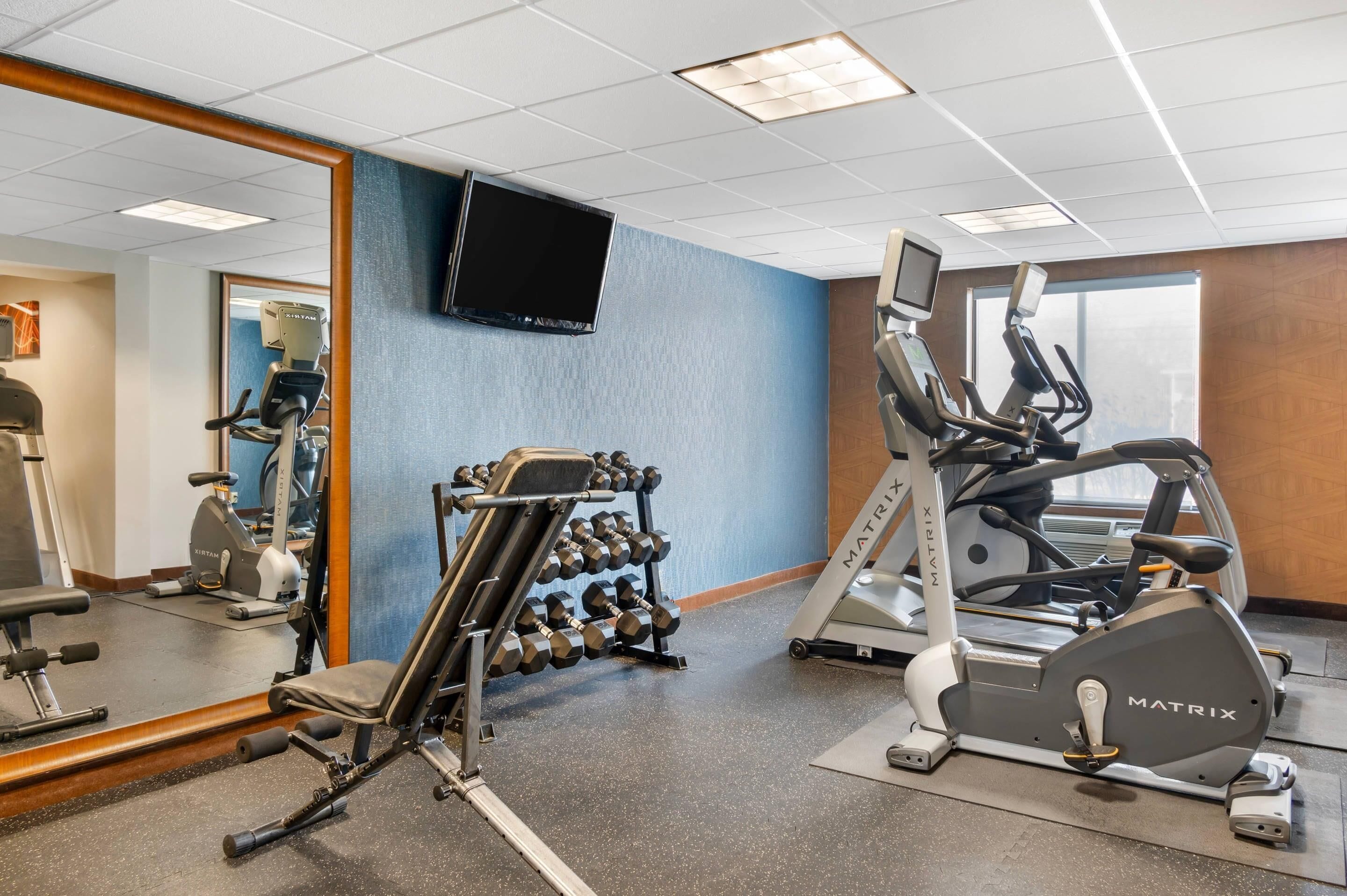 A gym with exercise equipment, a television, and a mirror.