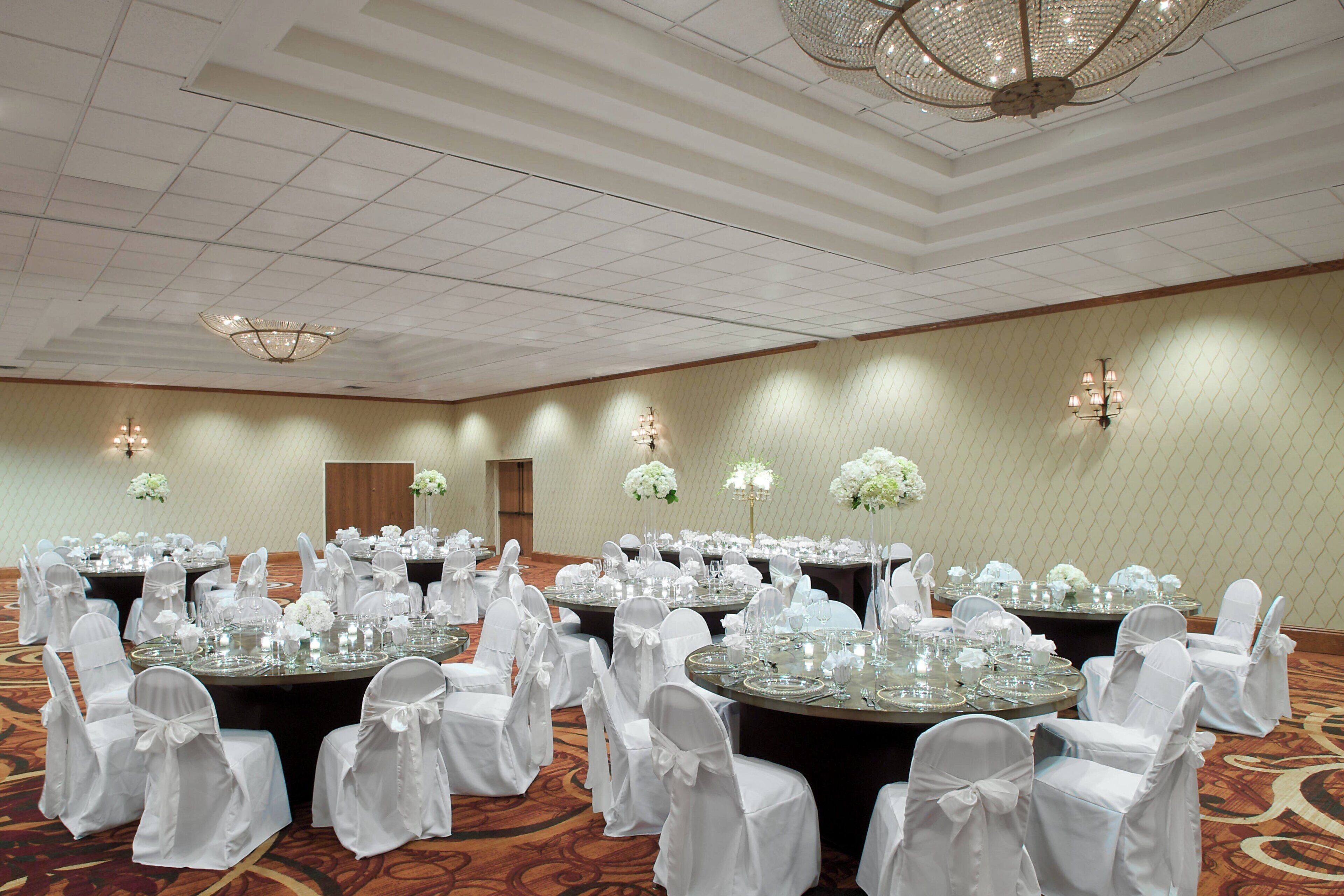 A banquet hall with round tables set for events, white chairs with bows, and chandeliers.