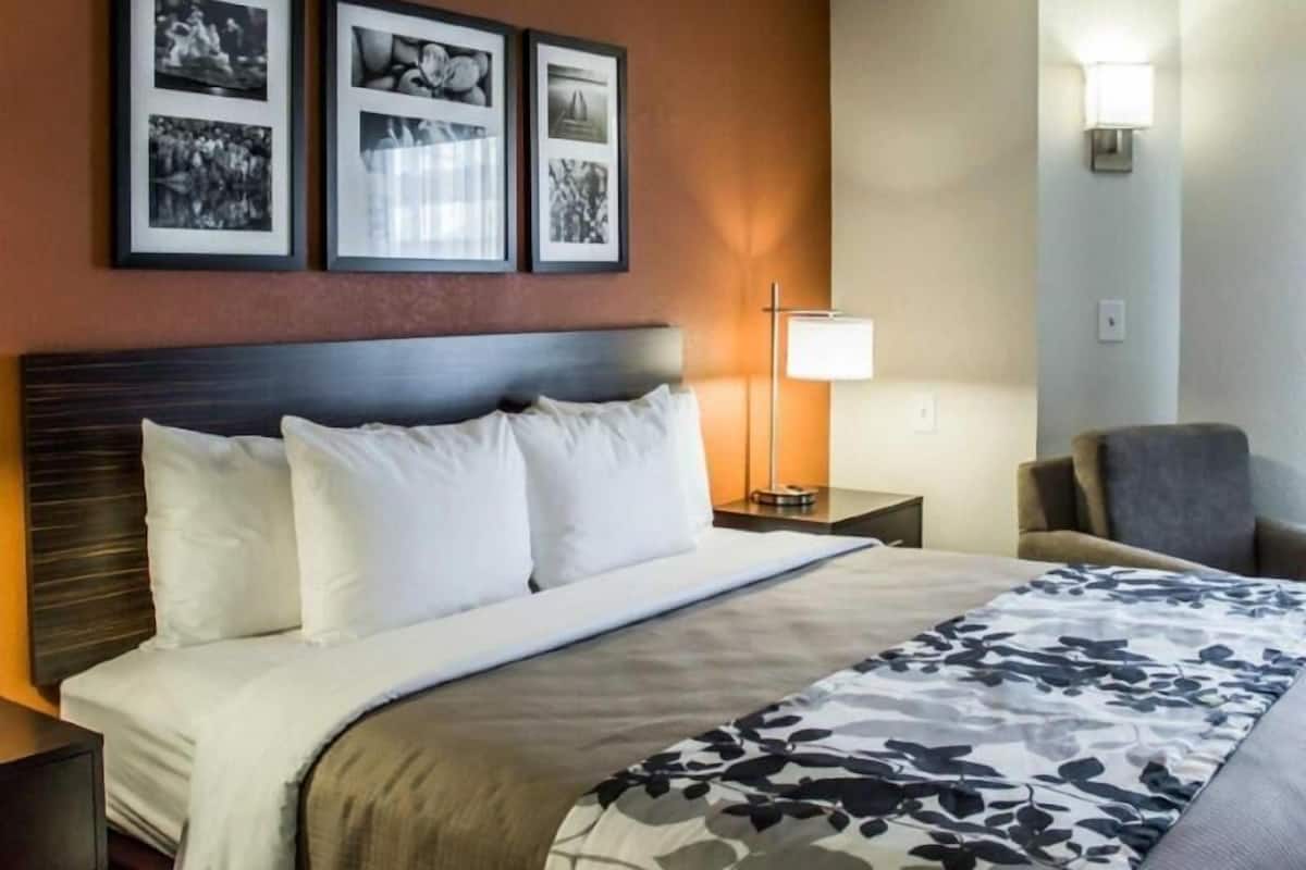 Una habitación de hotel con una cama, una mesita de noche, una lámpara, una silla y cuadros en la pared.