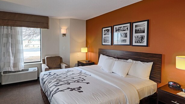 A hotel room with a large bed, a chair, a bedside table with a lamp, and a wall with framed pictures. - Sleep Inn & Suites Spring Lake - Fayetteville near Fort Bragg (Spring Lake)