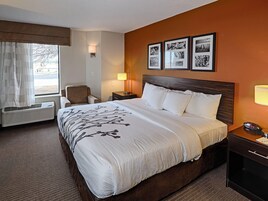 A hotel room with a large bed, a chair, a bedside table with a lamp, and a wall with framed pictures.