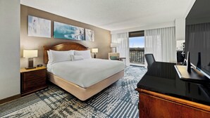 A hotel room with a large bed, a desk with a TV, a chair, a nightstand with a lamp, and a view of the outdoors through the window.