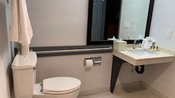 Une salle de bain équipée d’un WC, d’un lavabo, d’un miroir et d’un porte-serviettes.