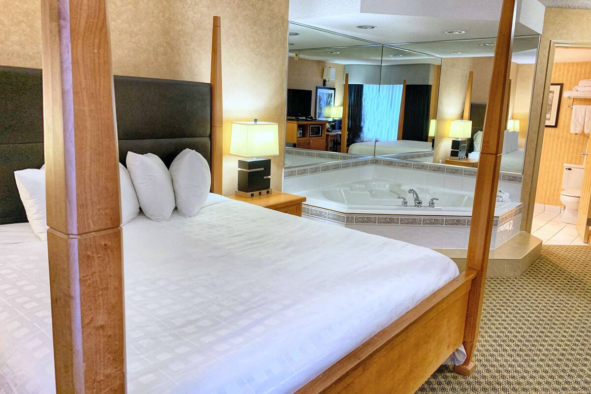 A four-poster bed with a large mirror, a bathtub, and a television in the background.