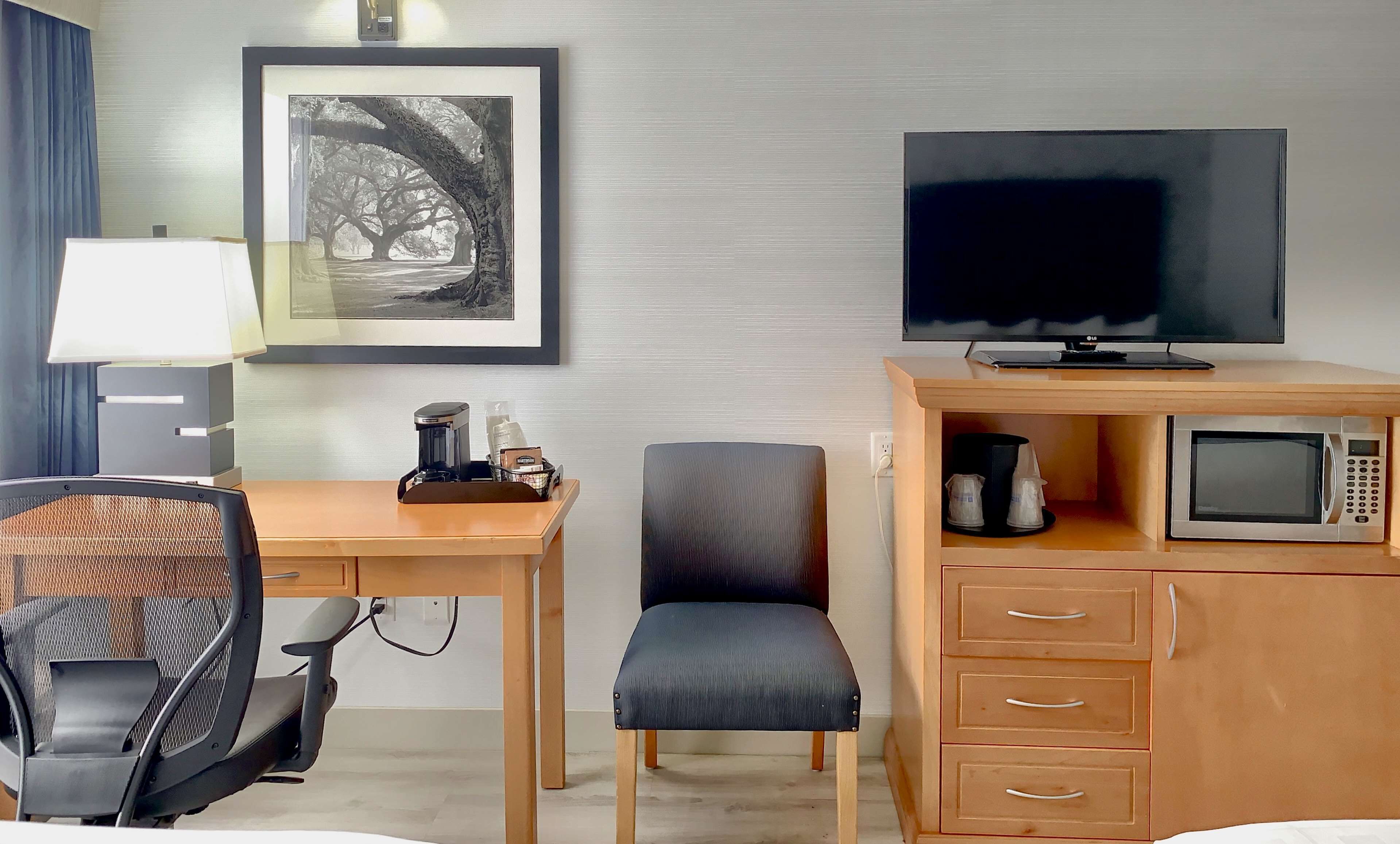 Habitación de hotel con escritorio, silla, televisor, microondas y cafetera.