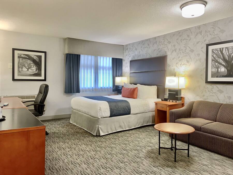 A hotel room with a bed, desk, chair, and a small table.