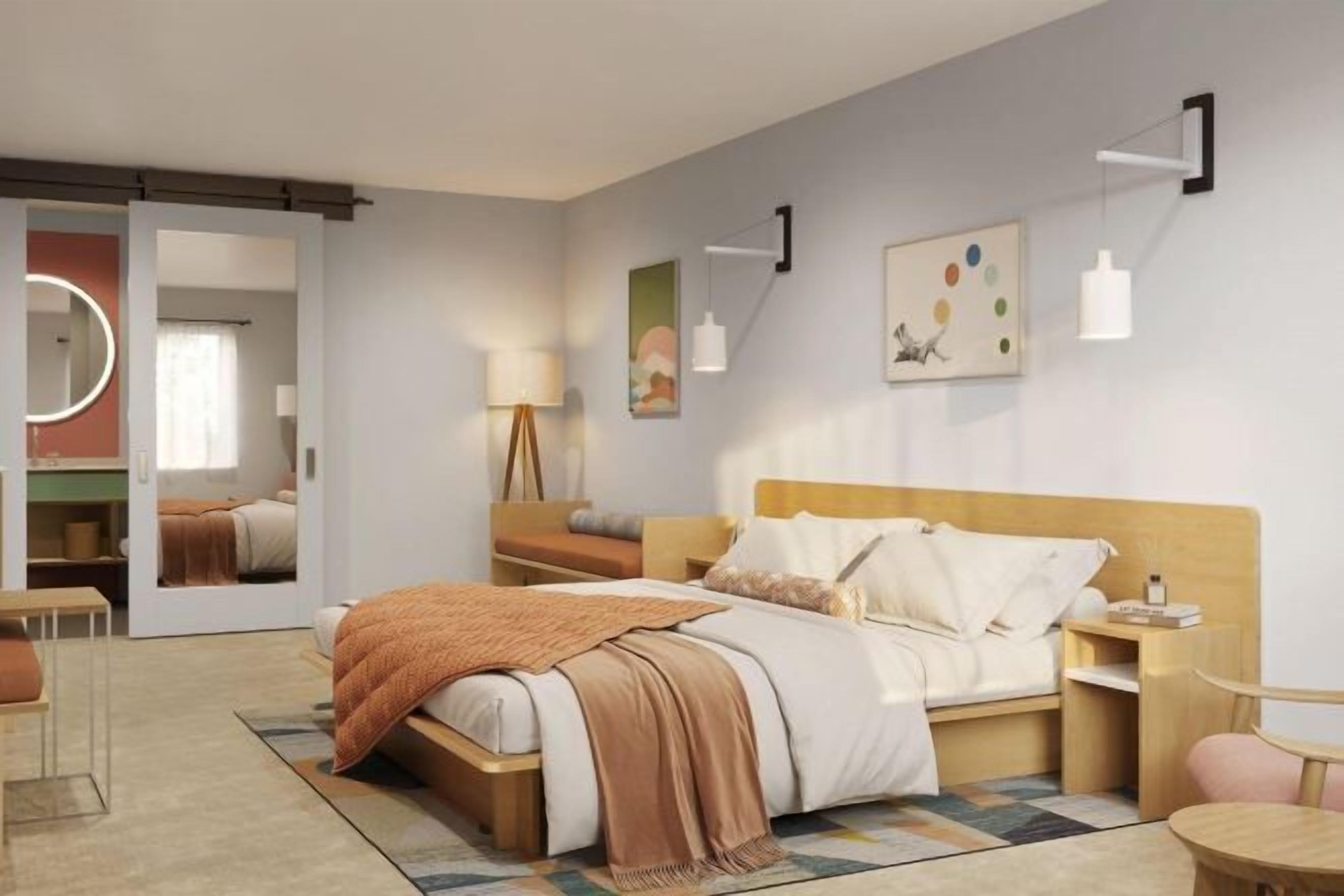 Premium bedding, memory foam beds, desk, laptop workspace