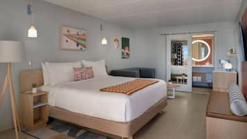 Premium bedding, memory foam beds, desk, laptop workspace