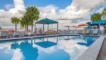 Outdoor pool, pool umbrellas, pool loungers