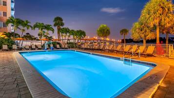 Outdoor pool, pool umbrellas, pool loungers